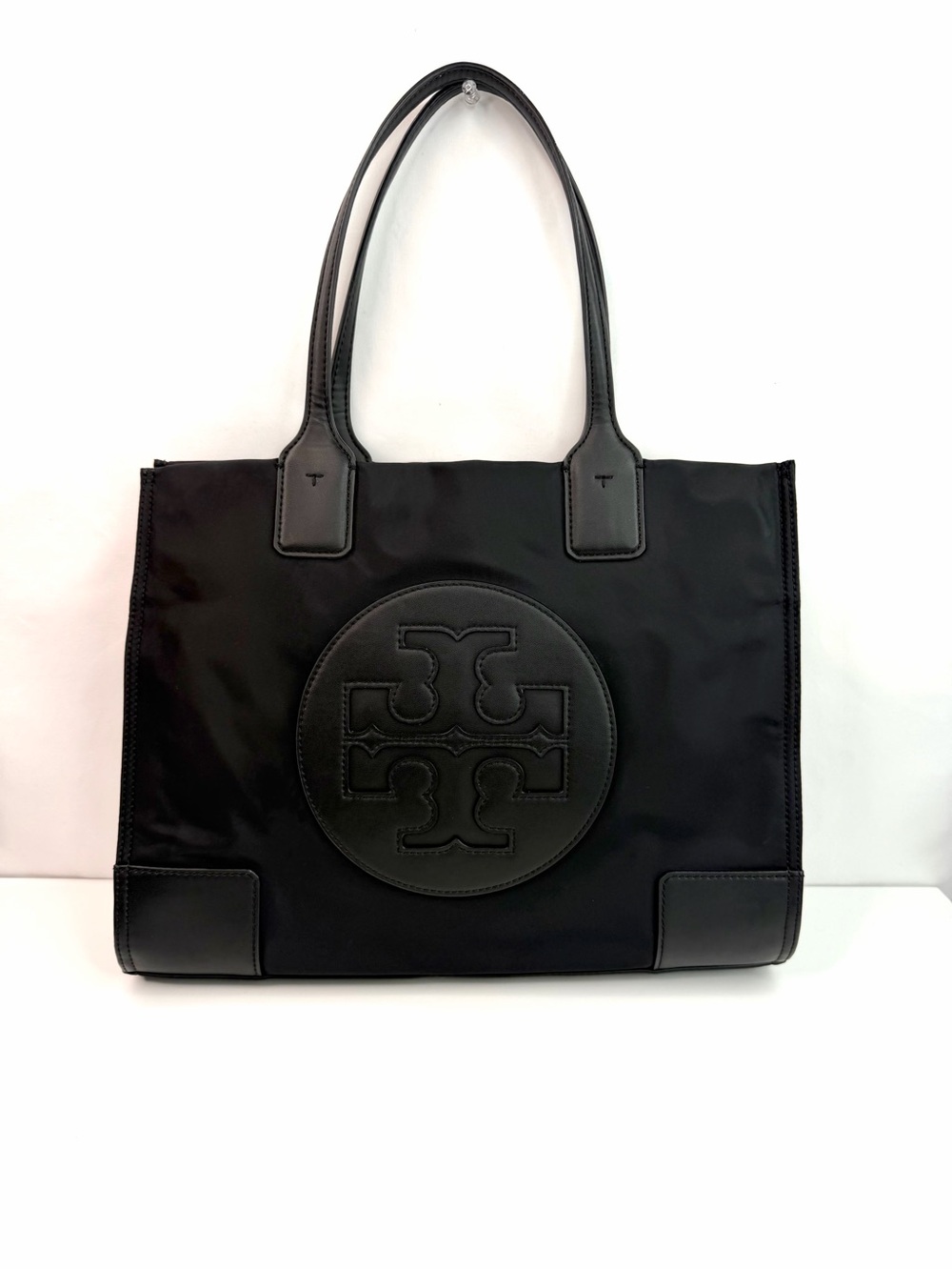 Tory Burch Black Ella Nylon Matte Leather Logo Large Tote Bag